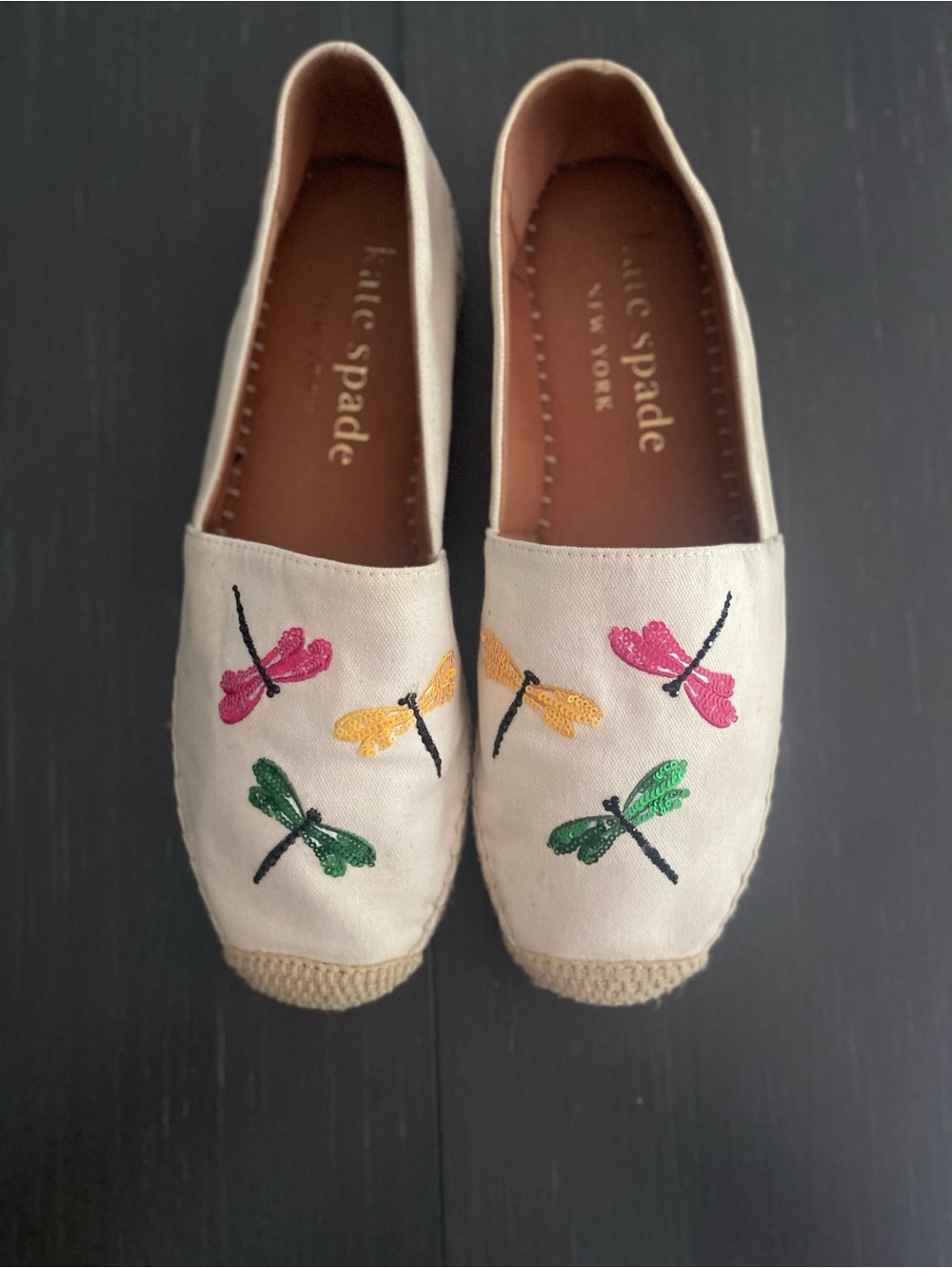 kate spade cream espadrilles with pink, yellow and green dragonfly embroidery
